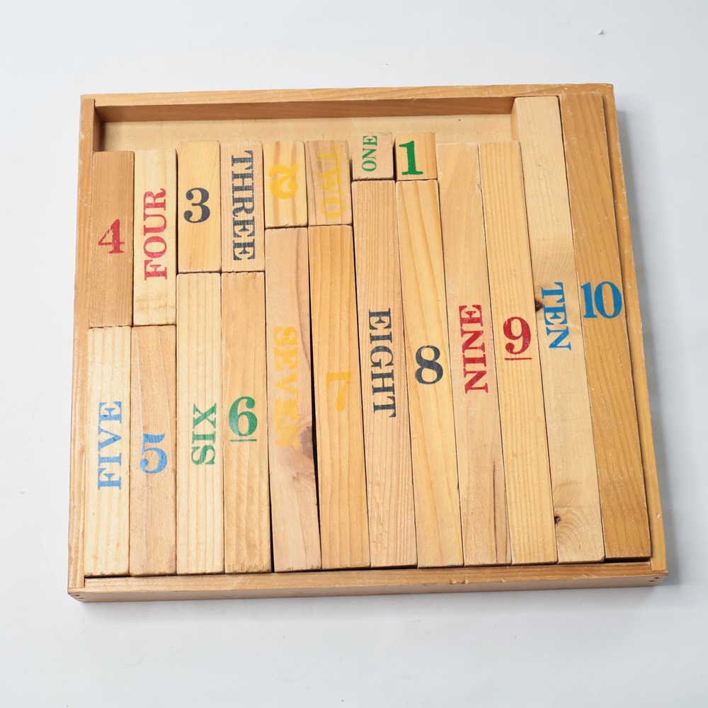 Vintage Wooden Counting Blocks Math Toy Montessori Educational Set 1-10 Tray